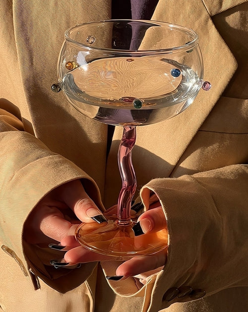 Set Of 2 Hand Blown Rainbow Sprinkles Wine Glasses, Whimsical Eclectic