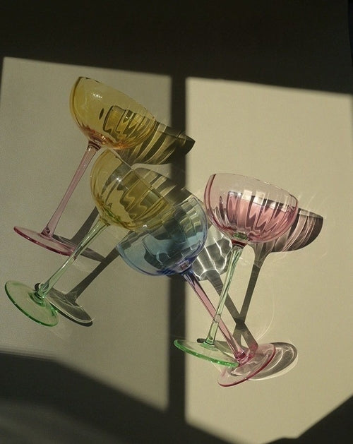 Hand Blown Retro Pastel Coloured Cocktail Glasses Coupe Set of 4