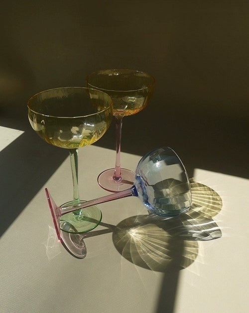 Hand Blown Retro Pastel Coloured Cocktail Glasses Coupe Set of 4