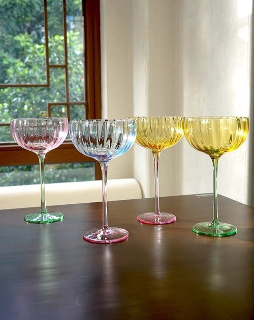 Hand Blown Retro Pastel Coloured Cocktail Glasses Coupe Set of 4