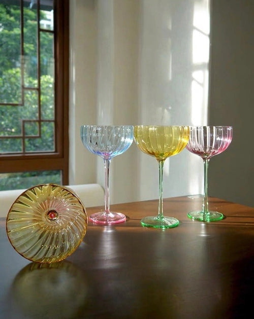 Hand Blown Retro Pastel Coloured Cocktail Glasses Coupe Set of 4