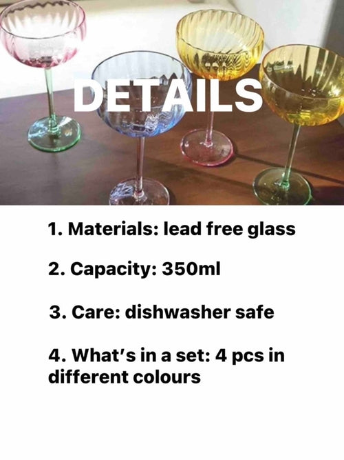 Hand Blown Retro Pastel Coloured Cocktail Glasses Coupe Set of 4